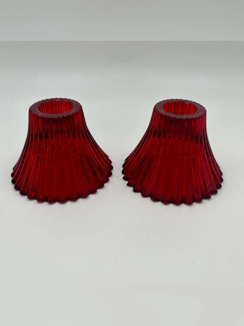 Vintage Red Glass Ribbed Taper Candle Holders - Set of 2